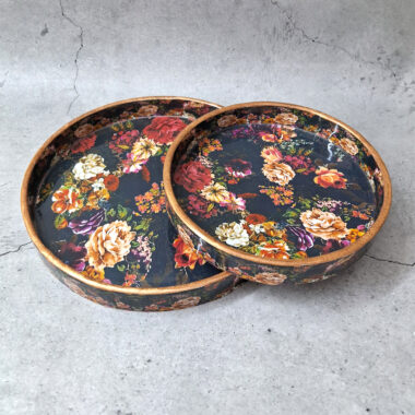 Handicraft Round Wooden Black on Multicolor Flowers Trays - Set of 2