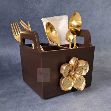 Multipurpose Handcrafted Wooden Cutlery Organizer With Beautiful Flower Broach