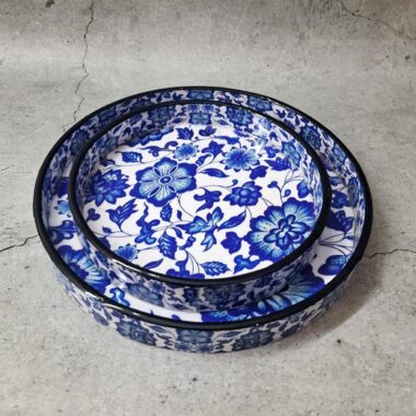 Handicraft Round Wooden Blue Flowers Trays - Set of 2