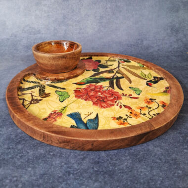 Multi Colour Handcrafted Premium Wooden Platter with Dip for Serving